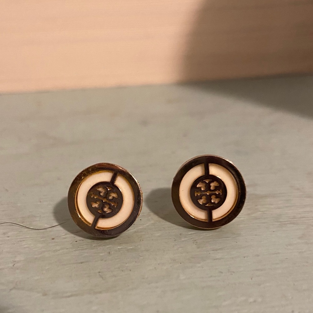 Tory Burch Gold and White Logo Stud Earrings